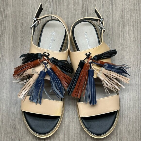 Saks Fifth Avenue Patent Sandals Women Size 8.5 Beige Maria Tasseled Sling Back - Picture 6 of 12